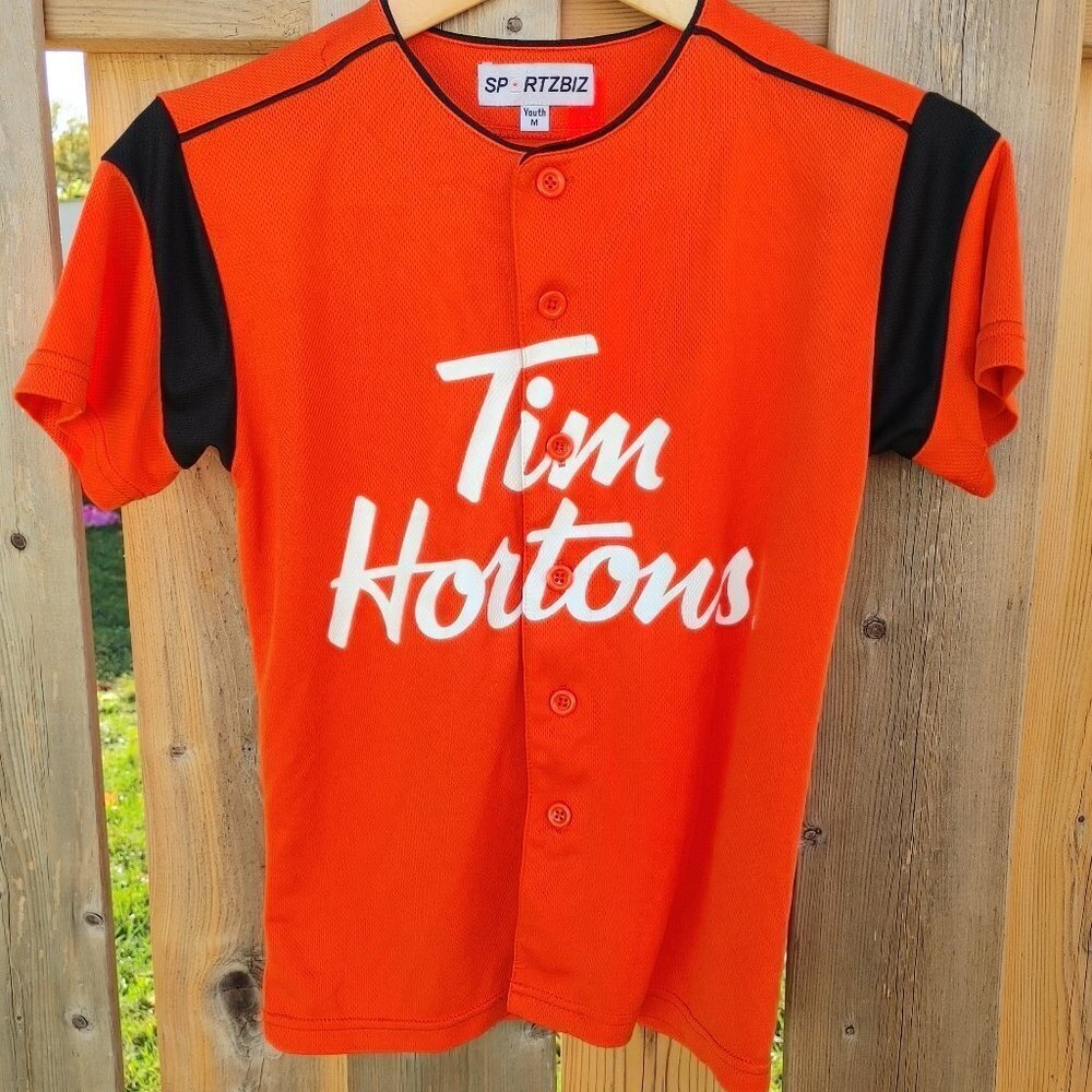 Tim Hortons Timbits Jersey #31 Youth Size Medium Button Up Short Sleeve ORANGE